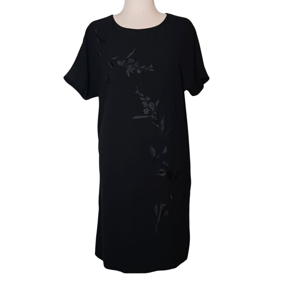 VTG Jones New York Black‎ Beaded Shift Midi Dress Size 14 Short Sleeves Back Zip